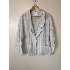 Free People S Stripe 100% Linen Blazer Jacket Tan White Boxy Oversized Lagenlook